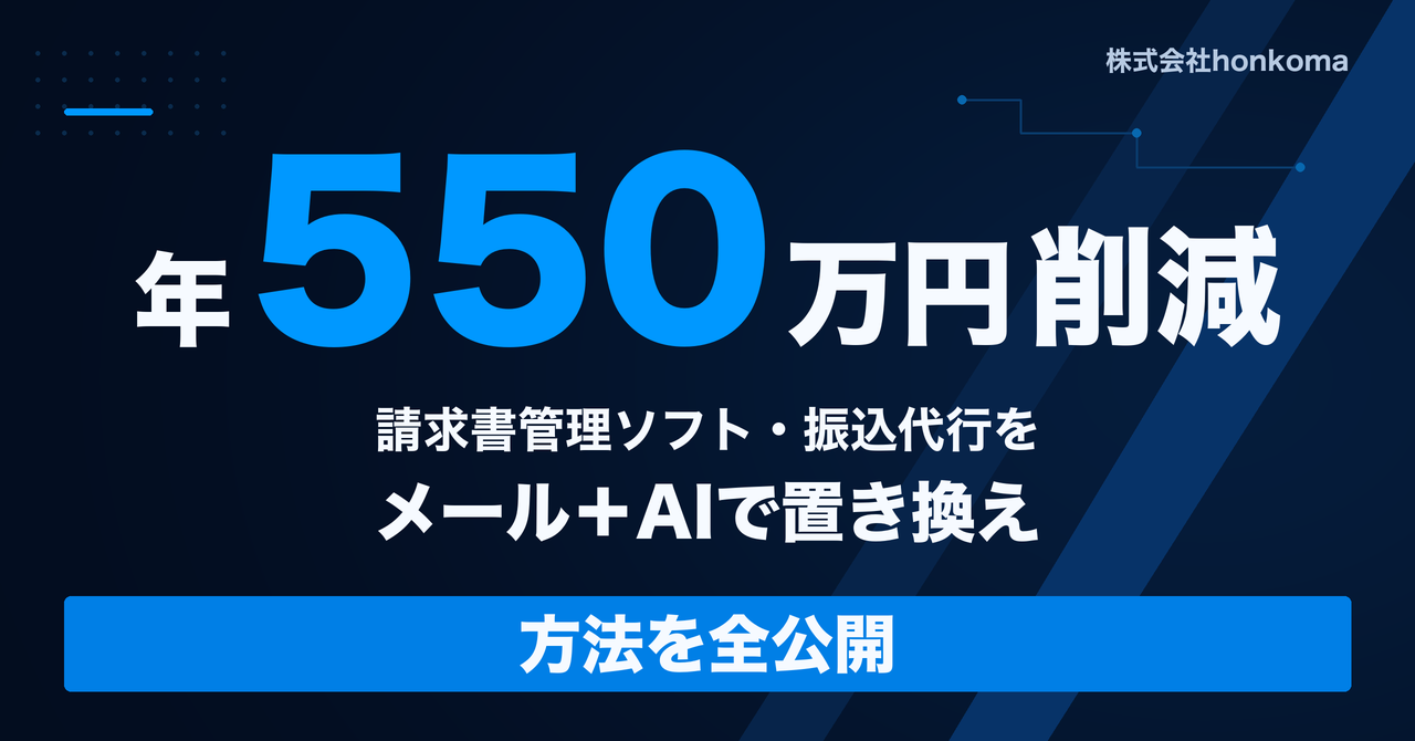 濃紺の背景に「年550万円削減」「請求書管理ソフト・振込代行をメール+AIで置き換え」「方法を全公開」の文字